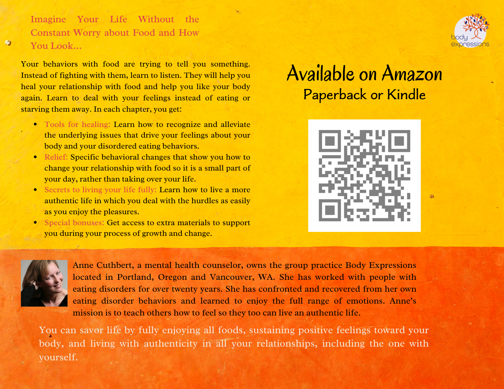 If Your Hunger Could Talk - Book back cover featuring Anne Cuthbert's approach to healing eating disorders