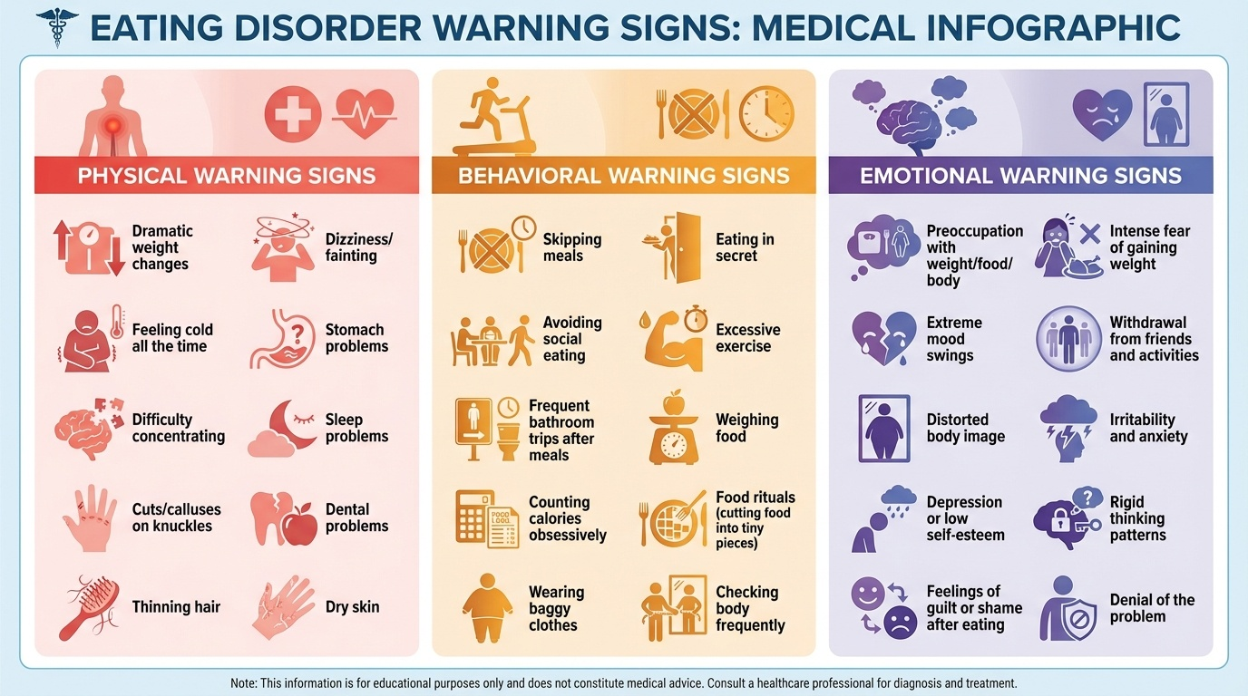 Infographic showing physical, behavioral, and emotional warning signs of eating disorders including dramatic weight changes, skipping meals, and preoccupation with weight